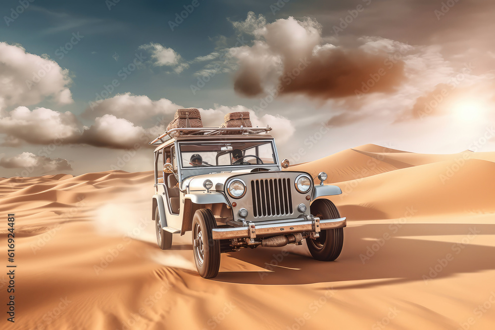 Car Travels Across the Sand Desert with Cloudy Sky extreme closeup. Generative AI