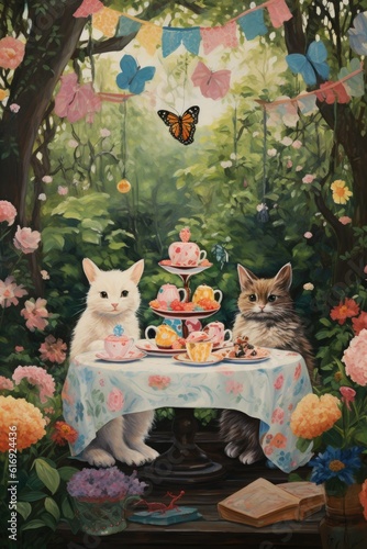  flat art image of an enchanting tea party in a whimsical garden Generative Al