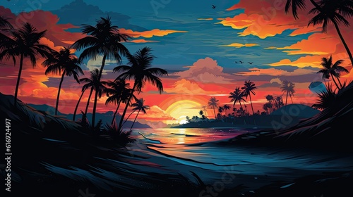 Illustration evening on the beach with palm trees background made with Generative AI