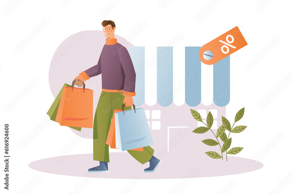 Shopping concept with people scene in the flat cartoon design. A man leaves the store with a lot of purchases. Vector illustration. Shopping concept with people scene in the flat cartoon design. A man leaves the store with a lot of purchases. Vector illustration.