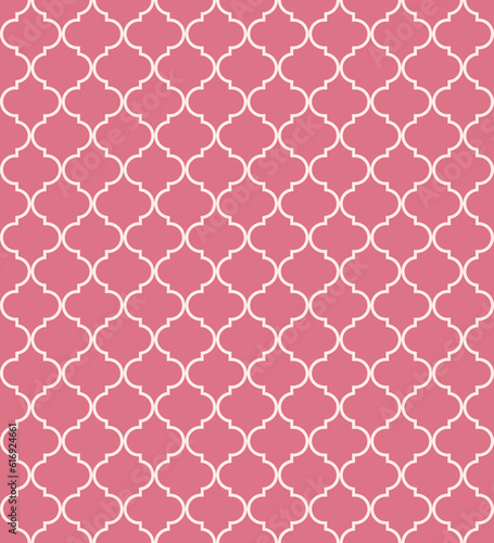 Moroccan Lattice Seamless Pattern in Pink. Modern Elegant Backgrounds. Classic Quatrefoil Trellis Ornament.
