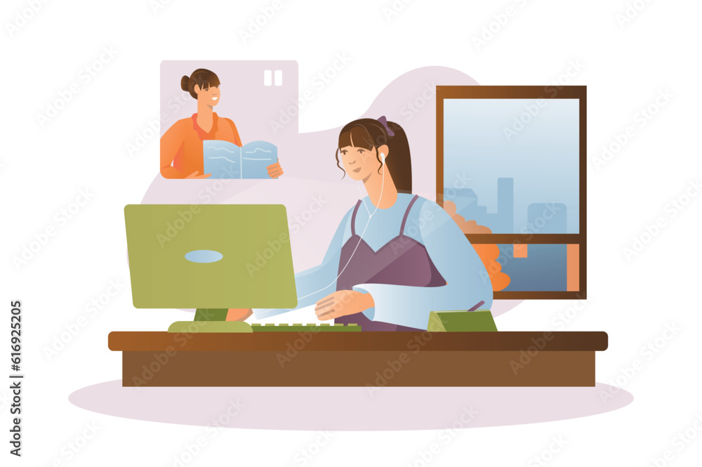 Distance learning concept with people scene in the flat cartoon design. The girl listens to the teacher's explanation at the online lesson. Vector illustration. Distance learning concept with people scene in the flat cartoon design. The girl listens to the teacher's explanation at the online lesson. Vector illustration.