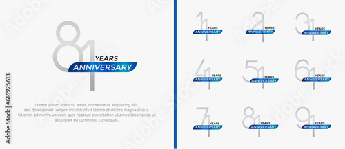 set of anniversary logo silver color and blue ribbon on white background for celebration moment