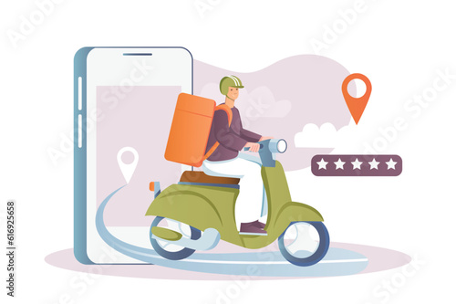 Food delivery concept with people scene in the flat cartoon design. A courier on a moped delivers food. Vector illustration.