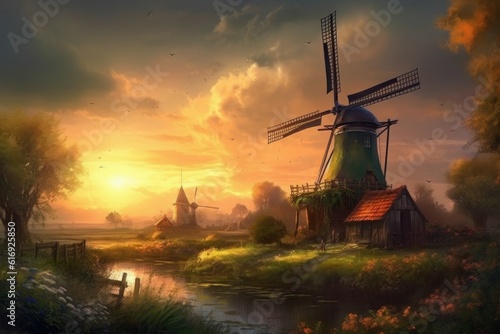 Windmill river sunset. Generate Ai