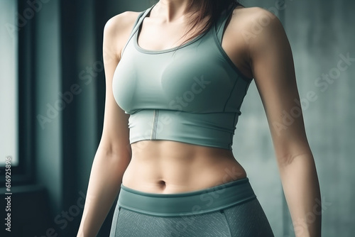 Beautiful Slim Body Woman in Sportwear Showing Her Slim Waist extreme closeup. Generative AI