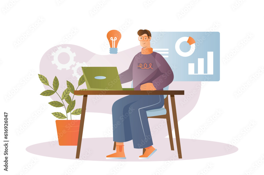 Business process concept with people scene in the flat cartoon style. A man is working on a business plan. Vector illustration. Business process concept with people scene in the flat cartoon style. A man is working on a business plan. Vector illustration.