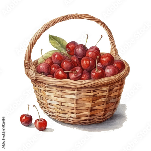 Watercolor illustration of a wicker basket with cherries