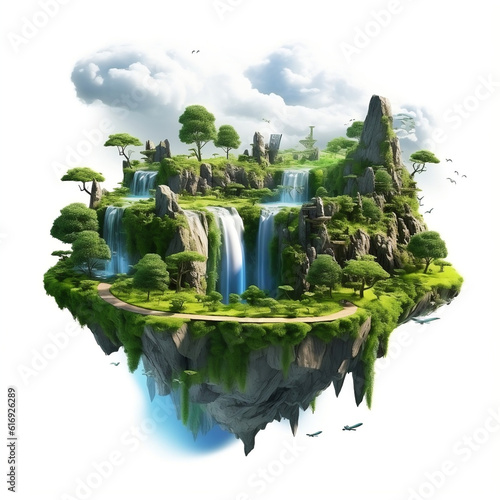 Flying land with beautiful landscape  green grass and waterfalls mountains. 3d rendered floating forest island isolated with clouds. Generative Ai