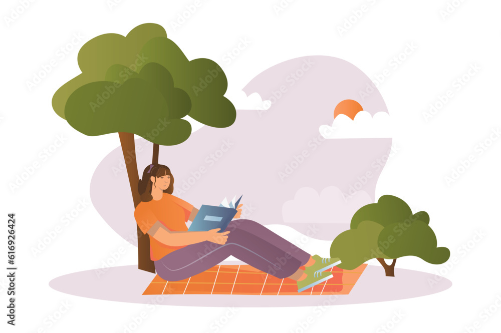 People reading books concept with people scene in the flat cartoon style. A girl reads a book on a picnic. Vector illustration.