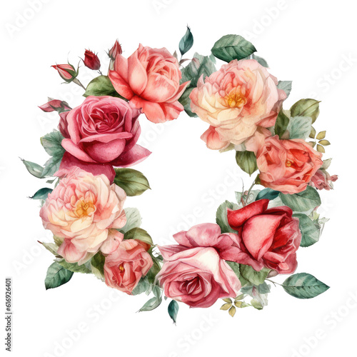 Watercolor illustration of a wreath of roses