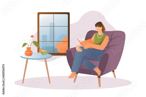 People reading books concept with people scene in the flat cartoon style. The girl is reading a book sitting by the window. Vector illustration.