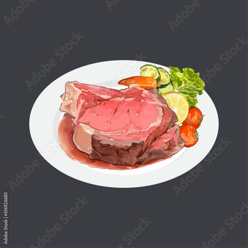 Beef steak with vegetables. Watercolor hand drawn vector illustration.