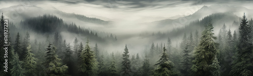 panorama of a coniferous forest in the mist of tree tops. generative ai © kichigin19