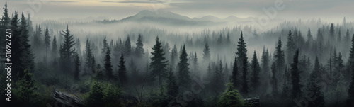 panorama of a coniferous forest in the mist of tree tops. generative ai