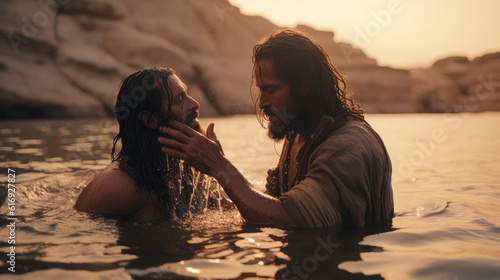 Foto Portrait of Jesus of Nazareth baptized by John the Baptist in the Jordan river