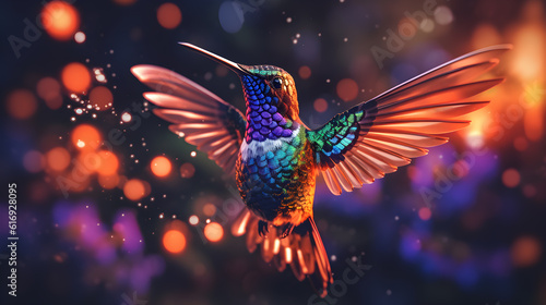 Closeup view of colorful hummingbird CGI with bokeh background created with Generative AI