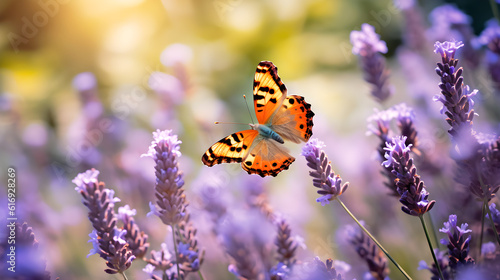lavender flowers in a field with butterflies created with Generative AI