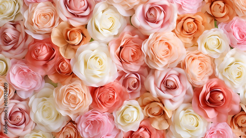 Different color of roses full background top view lay flat created with Generative AI