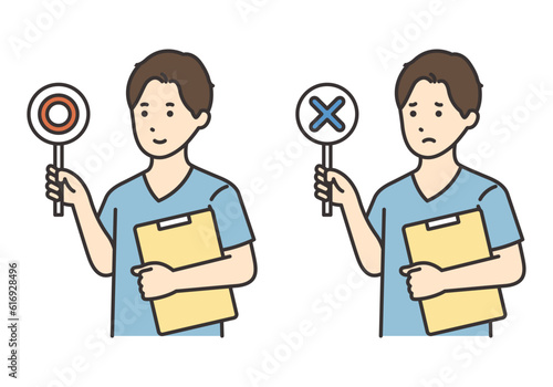 カルテとマルバツの札を持つ看護師の男性のイラスト