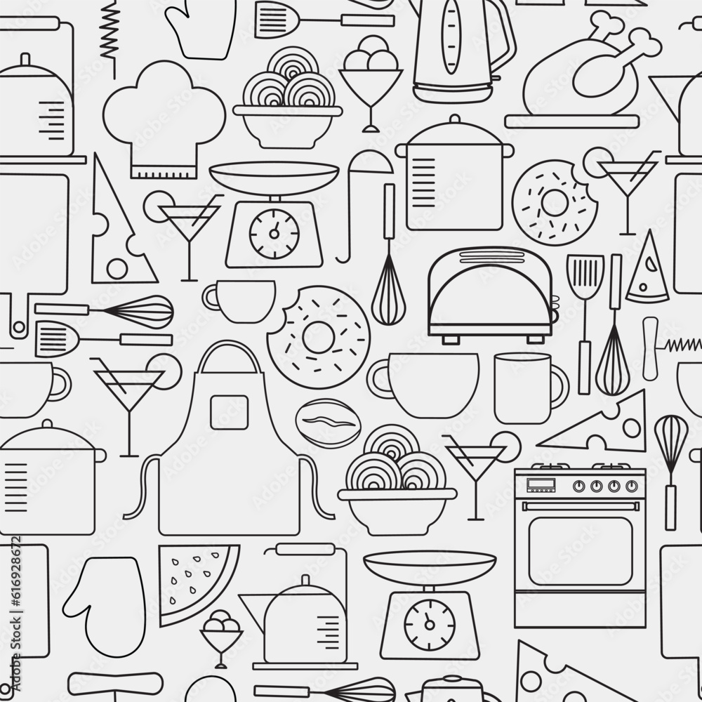 Pattern background kitchen kitchen utensils inventory food glass pizza vector illustration