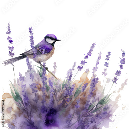 Watercolor illustration of a lavender bush with a bird photo