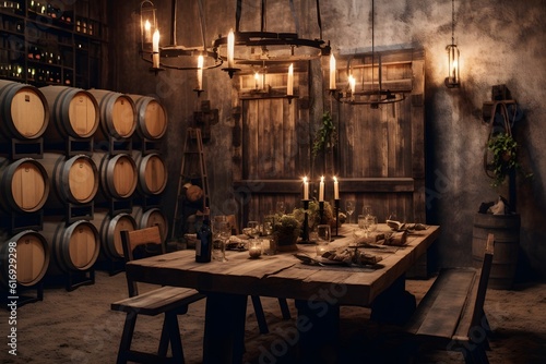 An elegant photo of a wine tasting setup featuring assorted wine bottles, glasses, and a corkscrew, located in a rustic cellar.