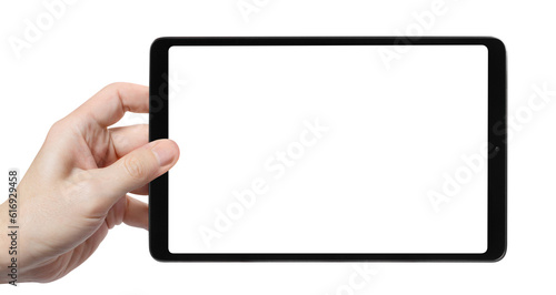 Obraz na płótnie Hand holding black tablet, cut out