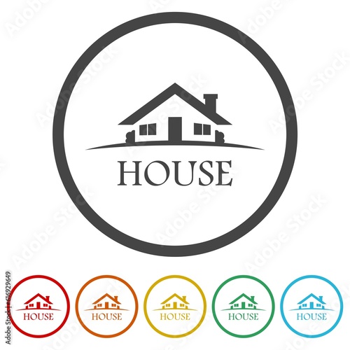 Logo House abstract real estate. Set icons in color circle buttons