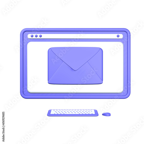 3d illustration computer monitor display and envelope. Mail service, e-mail message, mail notification, social network concept