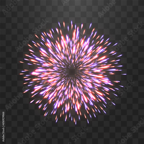 Festive fireworks with brightly shining sparks. New Year's Eve fireworks. Realistic sparks and explosions. Colorful pyrotechnics show. Vector isolated on png background.