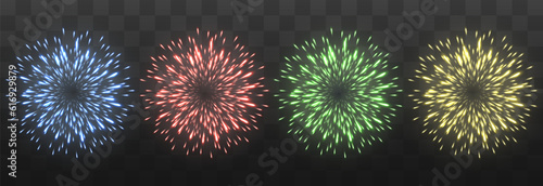 Festive fireworks with brightly shining sparks. New Year's Eve fireworks. Realistic sparks and explosions. Colorful pyrotechnics show. Vector isolated on png background.