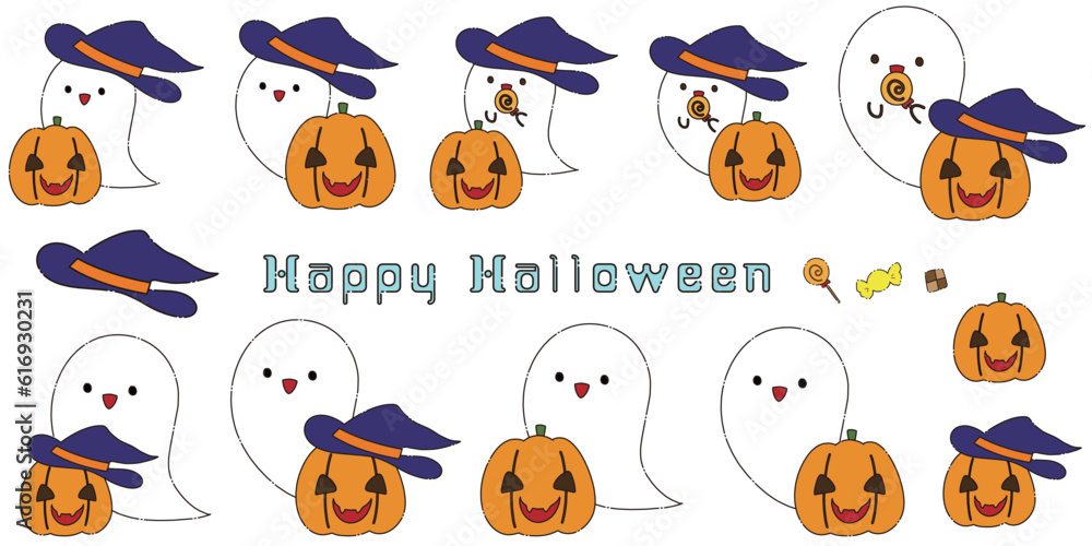 Obraz premium オバケとカボチャのハロウィン向けのイラスト素材セット
