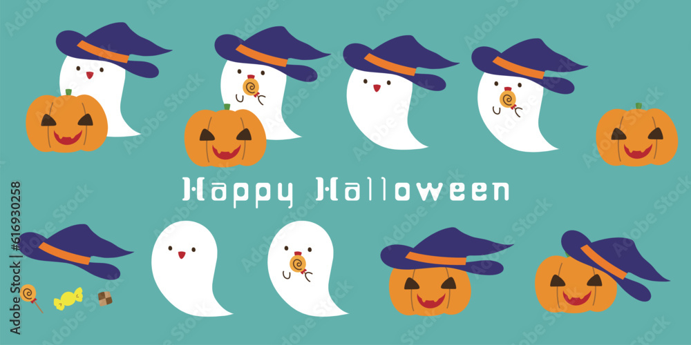 Obraz premium オバケとカボチャのハロウィン向けのイラスト素材セット