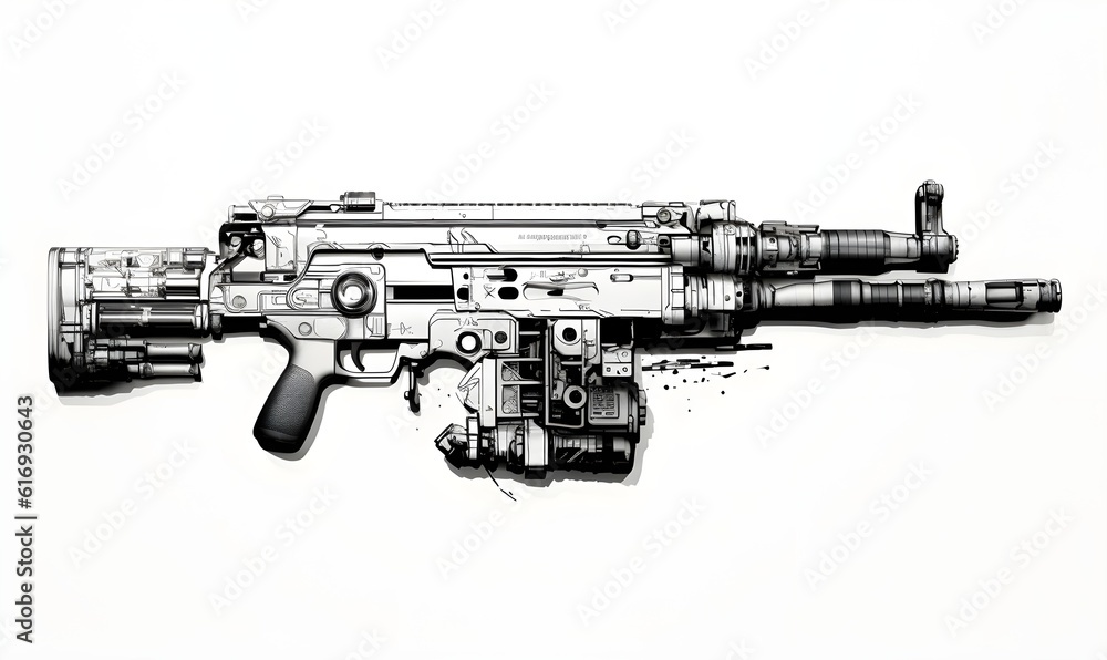 gun, white background, black and white, style in illustration