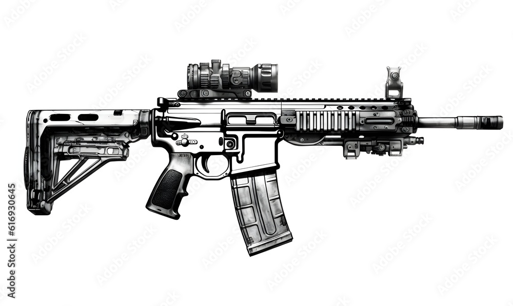 gun, white background, black and white, style in illustration