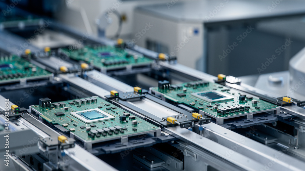 Circuit Board with Advanced Microchip on Assembly Line. Electronics Manufacturing Facility or Factory. Electronic Devices Production Industry. Fully Automated PCB Assembly Line Circuit Board with Advanced Microchip on Assembly Line. Electronics Manufacturing Facility or Factory. Electronic Devices Production Industry. Fully Automated PCB Assembly Line