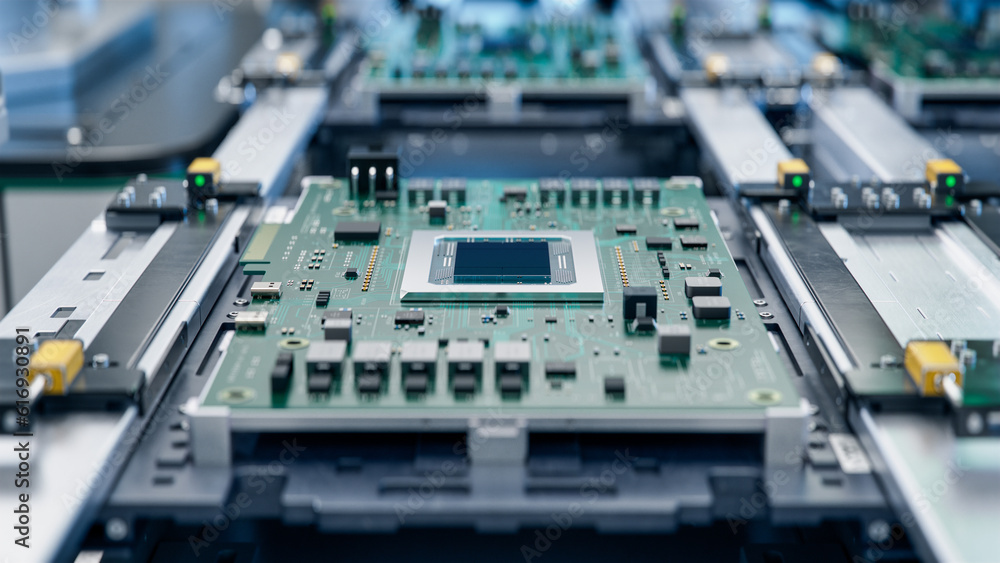 Close-up of Circuit Board with Advanced Microchip. Electronic Devices Production Industry. Fully Automated PCB Assembly Line. Electronics Manufacturing Facility or Factory Close-up of Circuit Board with Advanced Microchip. Electronic Devices Production Industry. Fully Automated PCB Assembly Line. Electronics Manufacturing Facility or Factory