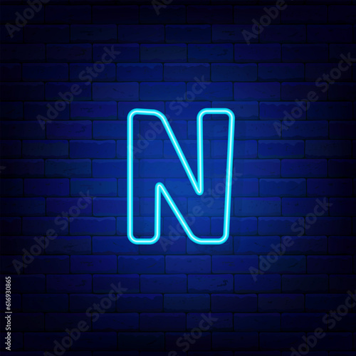 Neon letter N on brick wall. Light blue logotype. Simple shape. Editable stroke. Vector stock illustration