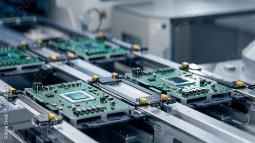 Circuit Board with Advanced Microchip on Assembly Line. Electronics Manufacturing Facility or Factory. Electronic Devices Production Industry. Fully Automated PCB Assembly Line