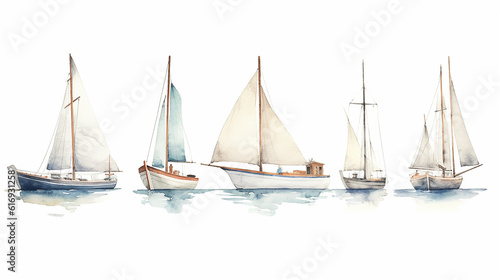 set, a collection of watercolor drawing of a boat with a sail. generative ai