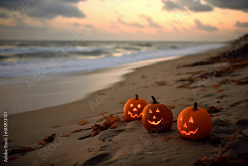 Halloween pumpkin at the beach, Generative AI