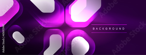 Neon lines, squares and round shapes abstract background. Techno glowing neon hexagon shapes vector illustration for wallpaper, banner, background, landing page, wall art, invitation, prints, posters