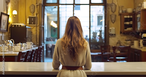 back view of woman sitting apart at cafe table, she's working or studying, dining in cafeteria avoiding communication, back view of business women concept with blured, bokeh background. GenerativeAi