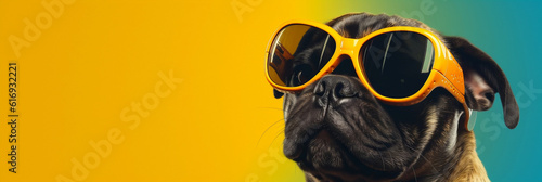 A Pug wearing sunglasses on a solid background