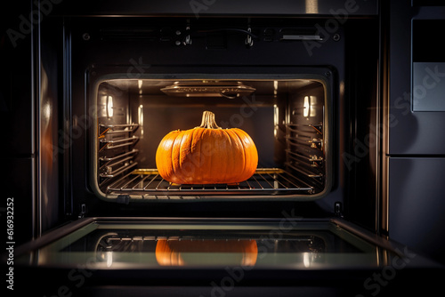 Halloween pumpkin in the oven, Generative AI