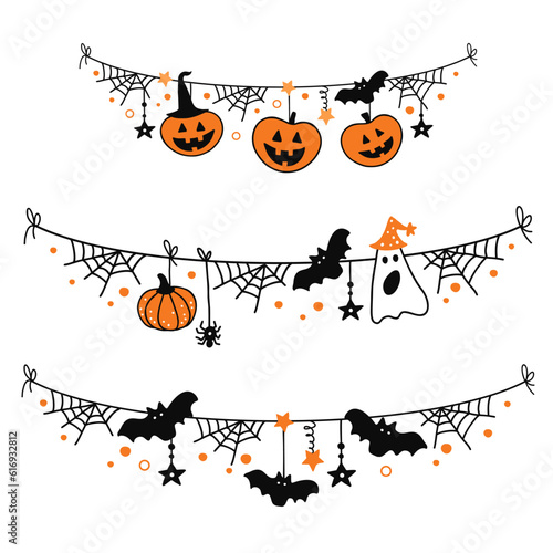 Set of Halloween garlands with traditional holiday design elements. Editable colors.