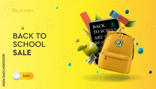 Back to school Sale, advertising banner. Learn and study. Design template with school supplies, vector illustration.