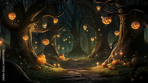 Jack O’ Lanterns In Spooky Forest At Moonlight – Halloween. AI illustration.