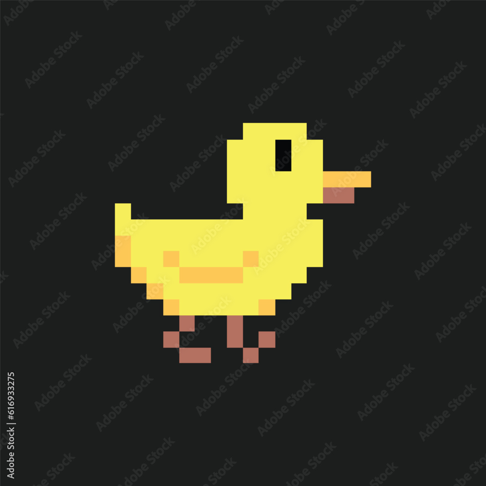 Obraz premium this is Duck icon in pixel art with yellow color and black background ,this item good for presentations,stickers, icons, t shirt design,game asset,logo and your project.